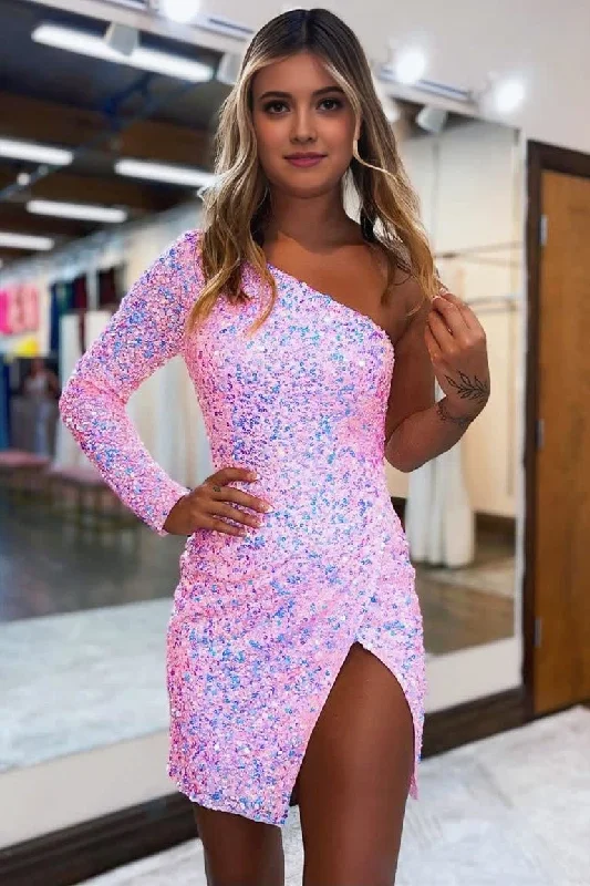 Plunging Neckline DressSheath One Shoulder Homecoming Dress with Slit