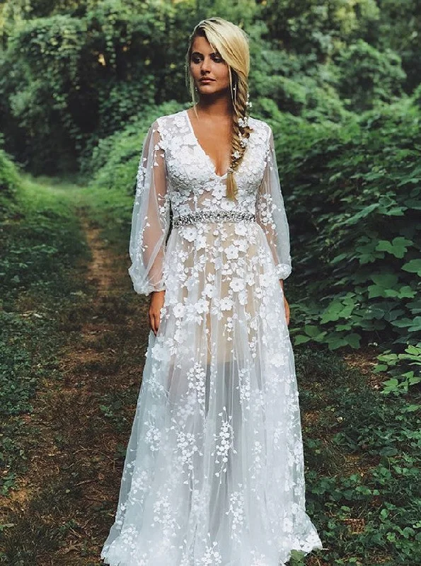 Petite DressV-Neck Waist Beaded Appliques Boho Wedding Dress With Long Sleeves OW595 Petite DressV-Neck Waist Beaded Appliques Boho Wedding Dress With Long Sleeves OW595
