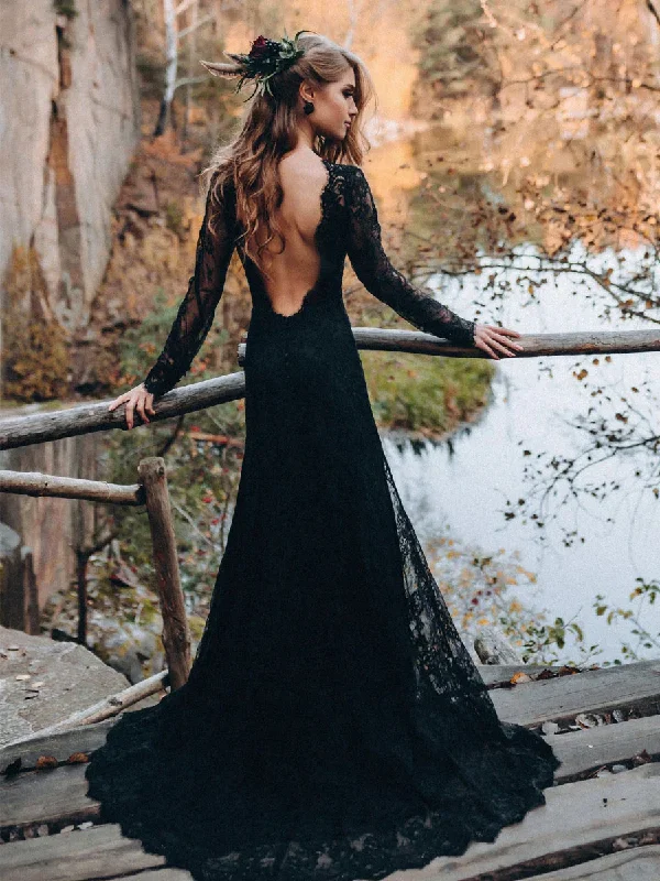 Custom DressBlack Sweetheart Long Sleeves Lace Backless Wedding Dresses