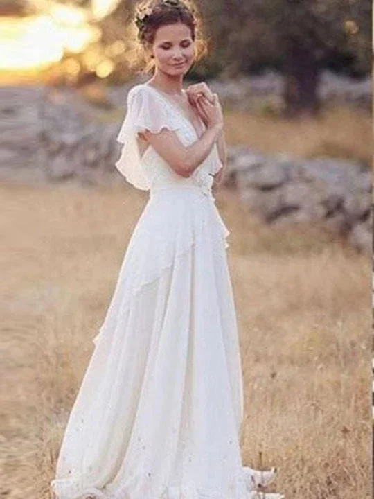 Statement DressFlowy Flounce Sleeve Chiffon Beach Wedding Dresses With Appliques