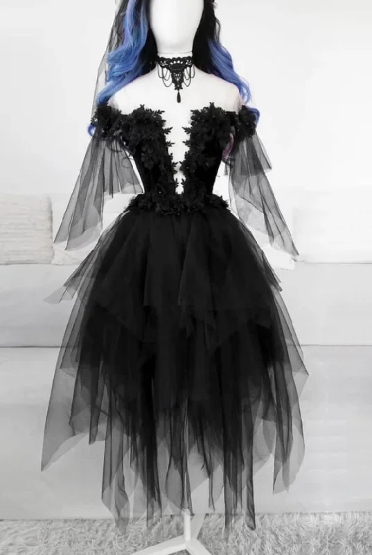 Laced DressBLACK ROUND NECK TULLE LACE SHORT DRESS BLACK EVENING DRESS  Homecoming Dress    cg12838