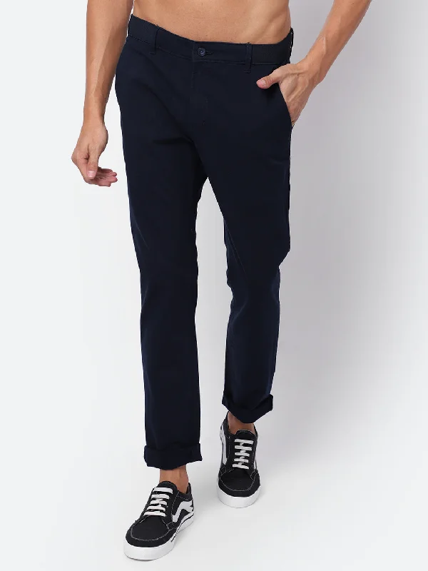 Men's Pants with Faux Leather PatchesMen's Casual Flat front Navy Blue  Trousers
