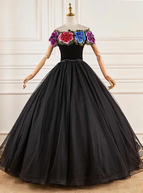 women's satin dressesBlack Tulle Embroidery Flower Quinceanera Dress