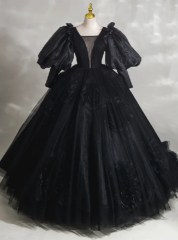 women's cotton dressesBlack Tulle Long Sleeve Quinceanera Dress