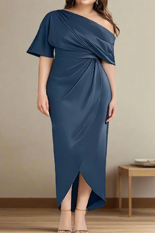 Bell-Sleeve DressInk Blue One Shoulder Short Sleeves Asymmetrical Mother of The Bride Dresses