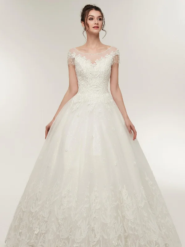 Elegant DressElegant Princess White Cap Sleeve Tulle Wedding Dresses With Lace Appliques Elegant DressElegant Princess White Cap Sleeve Tulle Wedding Dresses With Lace Appliques