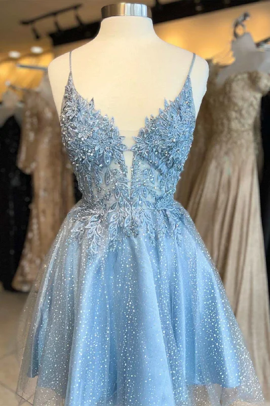 women's long-sleeved dressesLight Blue Floral Lace Plunge Neck A-Line Short Party Dress women's long-sleeved dressesLight Blue Floral Lace Plunge Neck A-Line Short Party Dress