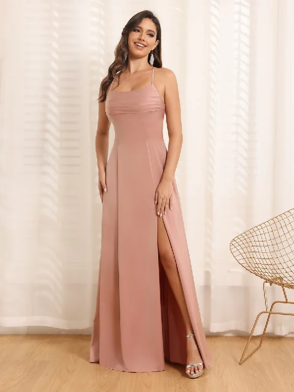 Crepe DressA-Line/Princess Spaghetti Straps Long Wedding Party Dresses with Split Side Crepe DressA-Line/Princess Spaghetti Straps Long Wedding Party Dresses with Split Side