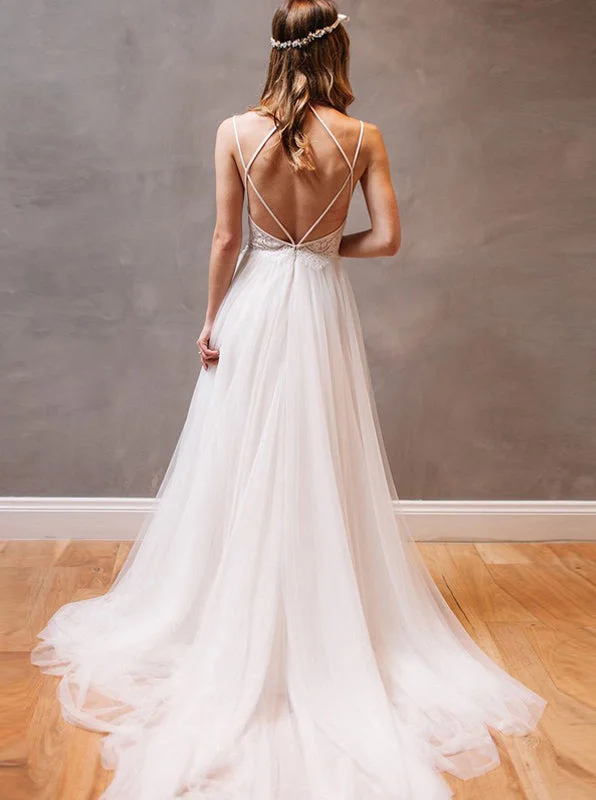 women's unique dressesBohemian V Neck Spaghetti Straps Backless Tulle Wedding Dresses OW669 women's unique dressesBohemian V Neck Spaghetti Straps Backless Tulle Wedding Dresses OW669