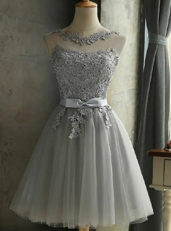Elegant DressGray Tulle Lace Short Homecoming Dress