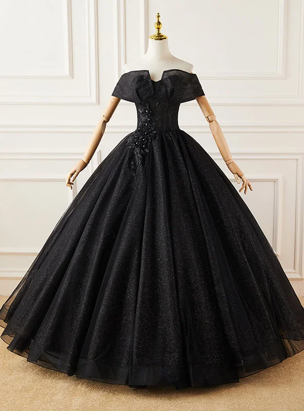 women's A-line dressesBlack Sequins Off the Shoulder Appliques Quinceanera Dress