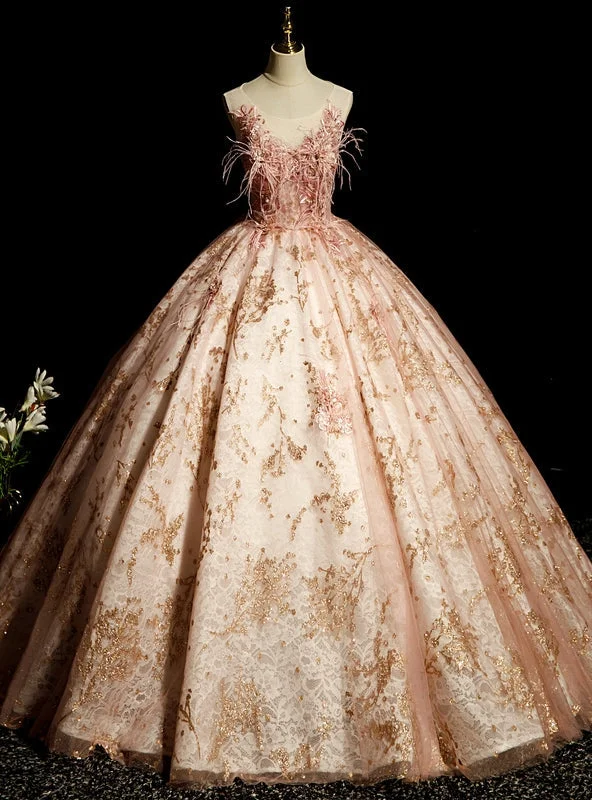 Leather DressBall Gown Sequins Appliques Feather Quinceanera Dress