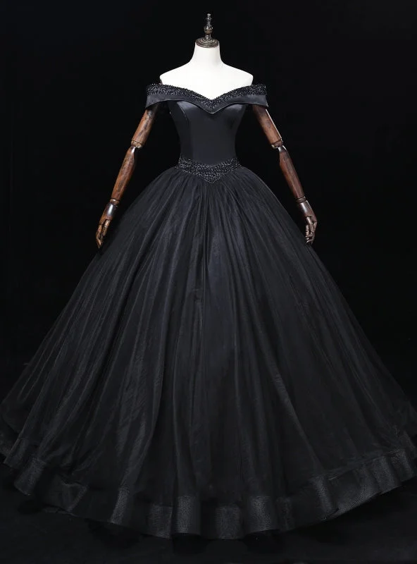 women's denim dressesBlack Tulle Off the Shoulder Beading Quinceanera Dress