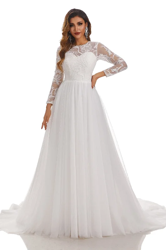 women's bow dressesA-Line Round Neck Long Sleeves Tulle Wedding Dress With Lace Appliques women's bow dressesA-Line Round Neck Long Sleeves Tulle Wedding Dress With Lace Appliques