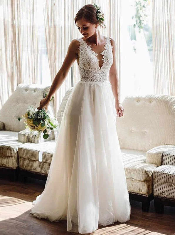 Evening DressA-line Beach Wedding Dresses Boho Backless Lace Appliques Tulle Wedding Gowns OW660 Evening DressA-line Beach Wedding Dresses Boho Backless Lace Appliques Tulle Wedding Gowns OW660