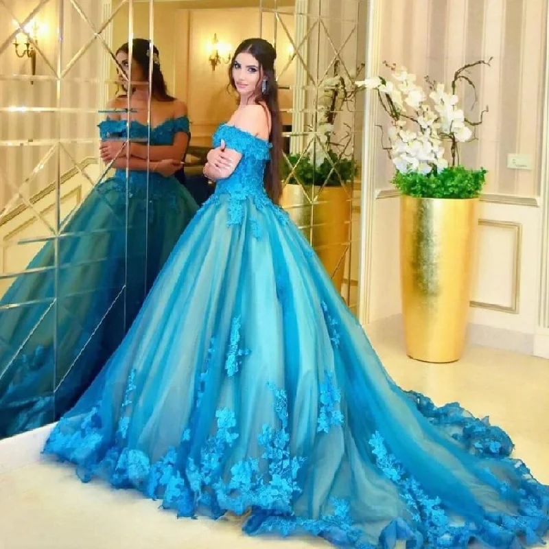 women's silk dressesLuxury Dubai Floral Blue Wedding Gowns Off Shoulder Princess