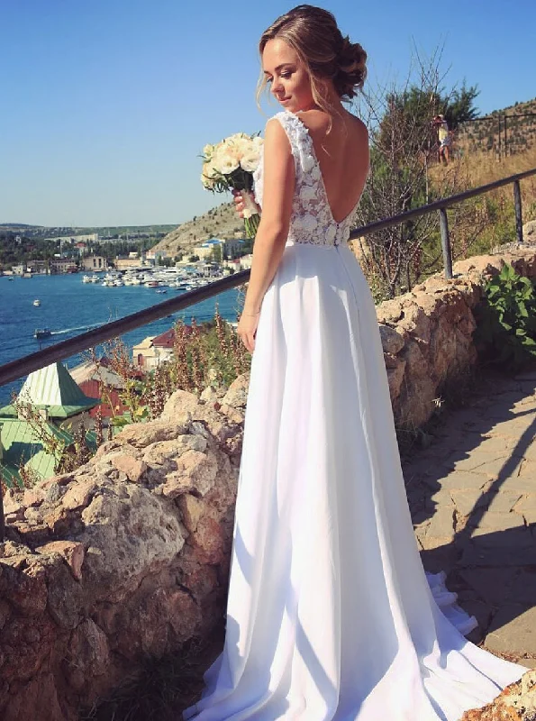 Vintage DressWhite A-line V-neck Chiffon Beach Wedding Dress With Appliques OW593