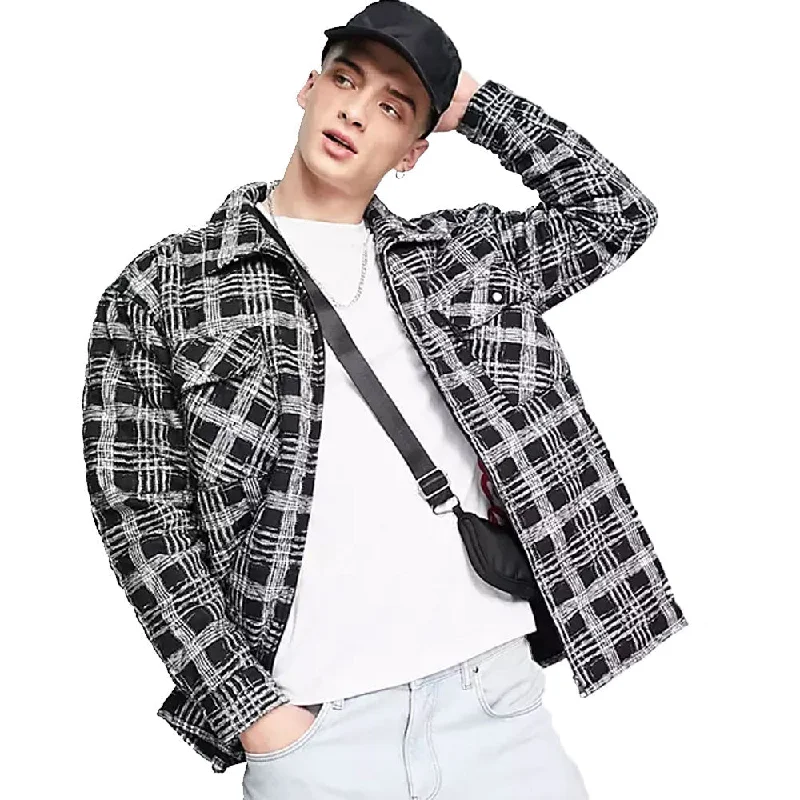 Men's Coats with Multi-Pocket DesignMen's Zipper Fly Plaid Jacket,Black
