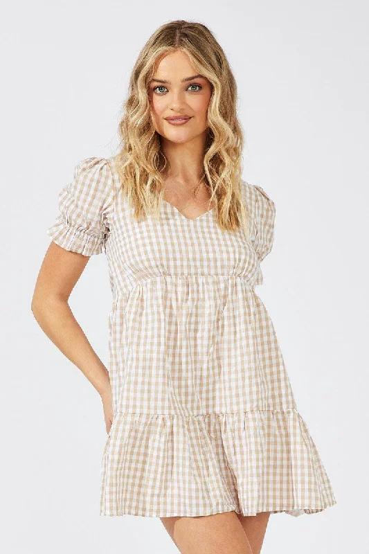 women's fashionable dressesBeige Check Smock Dress Short Sleeve Tiered