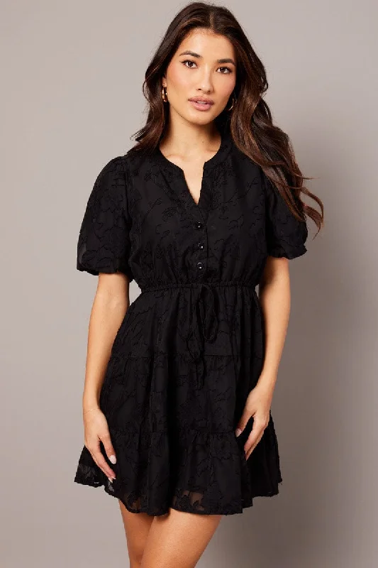 Bridesmaid DressBlack Fit And Flare Dress Puff Sleeve Burnout Fabric