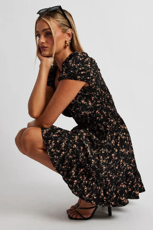 women's denim dressesBlack Floral Fit And Flare Dress Puff Sleeve