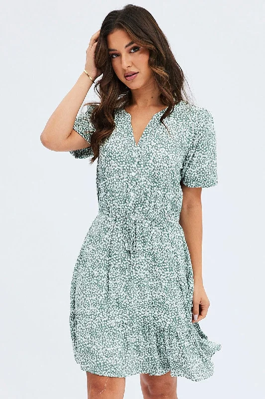 women's off-the-shoulder dressesGreen Ditsy Shirt Dress Short Sleeve Tiered