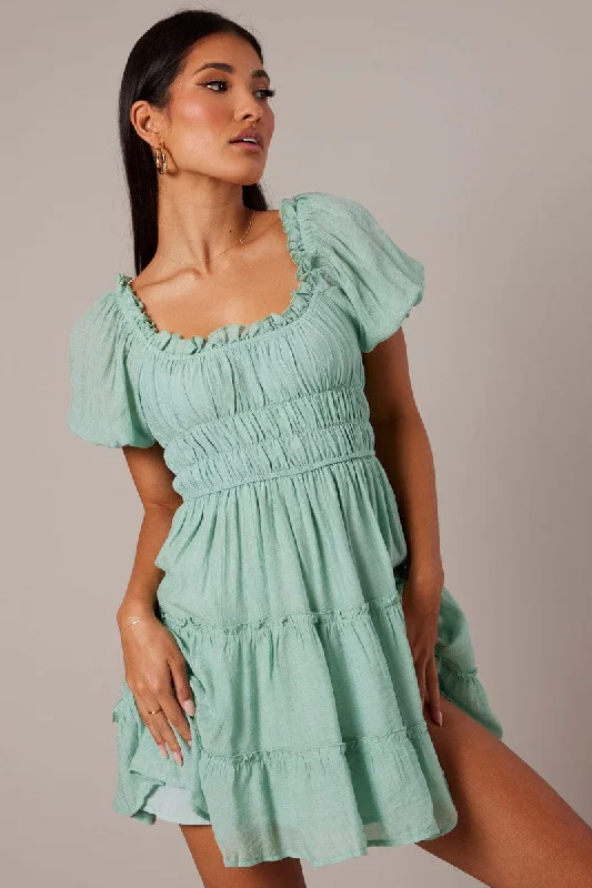 Beaded DressGreen Fit And Flare Dress Puff Sleeve