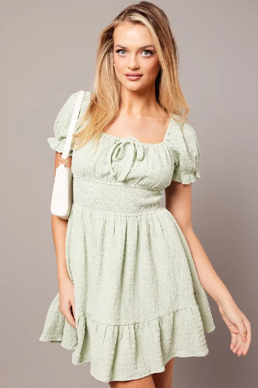 women's cotton dressesGreen Fit And Flare Dress Puff Sleeve Textured fabric
