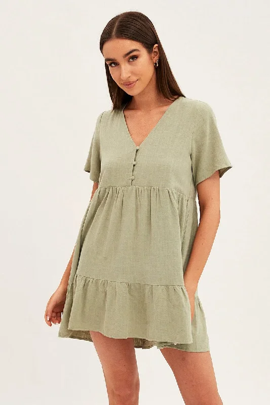 women's stretch dressesGreen Smock Dress Short Sleeve V Neck Linen Blend