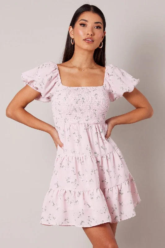Retro DressPink Floral Fit And Flare Dress Puff Sleeve