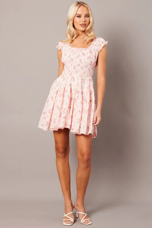 women's mother of the bride dressesPink Floral Fit And Flare Dress Puff Sleeve