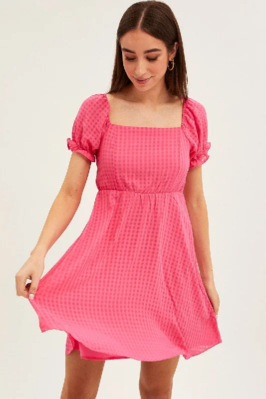 Wedding DressPink Square Neck Puff Sleeve Skater Dress