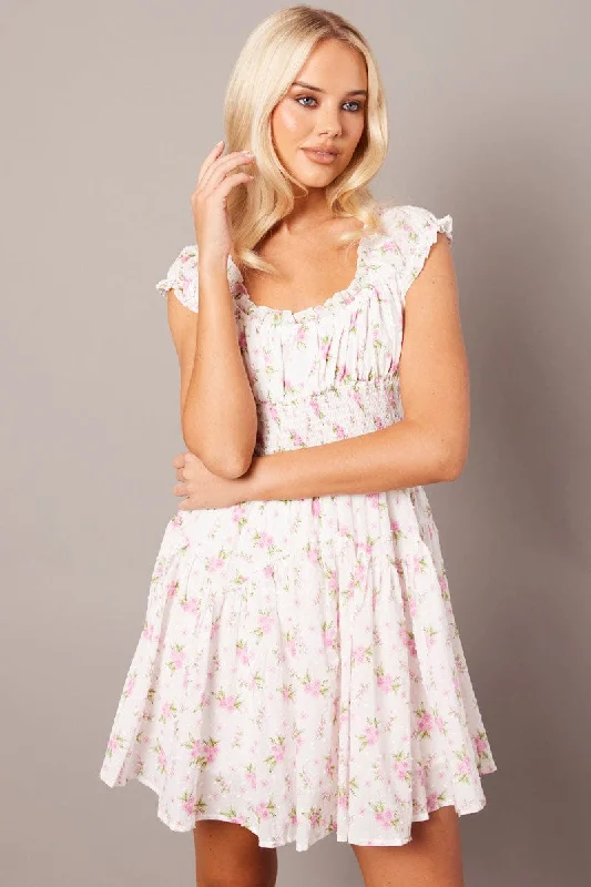 women's handmade dressesWhite Floral Fit And Flare Dress Puff Sleeve