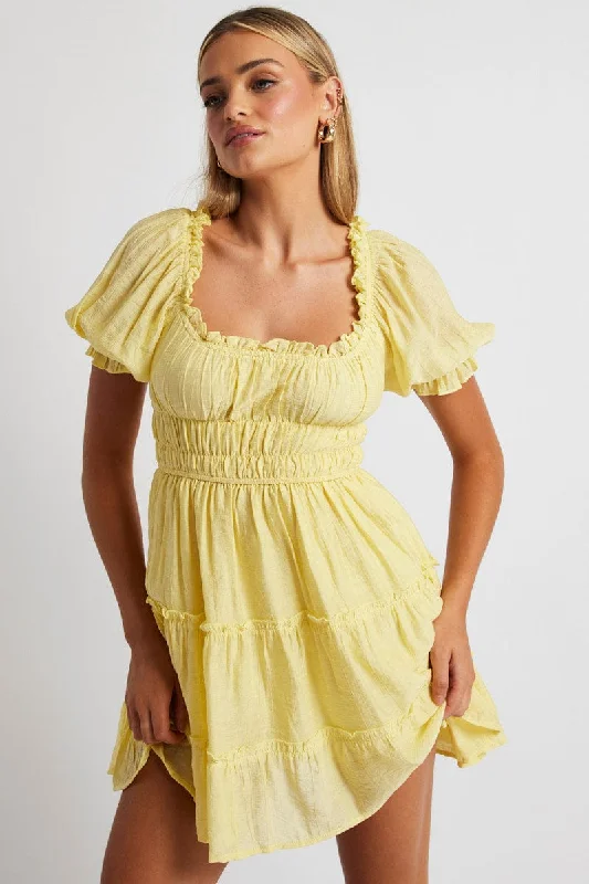 Bow-Tie DressYellow Fit And Flare Dress Puff Sleeve
